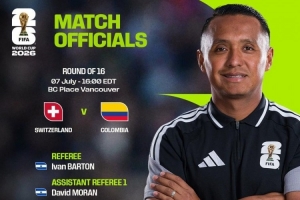 2026世界杯1/8淘汰赛瑞士对阵哥伦比亚比赛裁判：萨尔瓦多籍裁判伊万·巴顿执裁