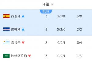 H组三轮战毕，西班牙队独占鳌头，创下世界杯第四次获胜纪录