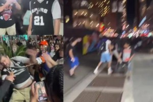 这还不跑？G3赛后，一马刺球迷在街头遭一群尼克斯球迷围殴
