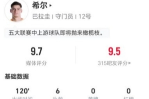 巴拉圭门将希尔本赛6次扑救，长传43次成功10次，制造3次犯规，全场最高得分9.7分