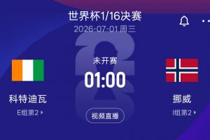 1/16决赛挪威对科特迪瓦，胜者将与巴西或日本胜者会师16强