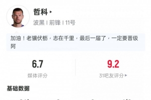 哲科本场比赛数据：射门2次，射正0次，解围2次，拦截1次，获得1张黄牌，得分6.7分