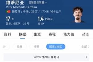 维蒂尼亚转会价值达1.4亿欧元，世界杯表现不佳，5场比赛颗粒无收，仅贡献2次关键传球