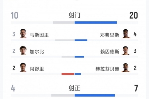 荷兰对阵突尼斯全场数据：射门20次对10次，射正7次对4次，得分机会2次对3次