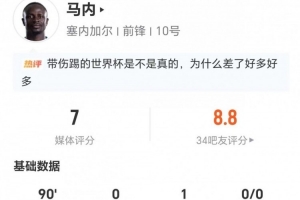 马内此役无射破门但贡献1助 5次关键传球及3次抢断 16次对抗成功与16次失球权