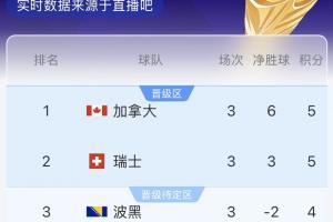 B组半场积分实时更新：加拿大居首，瑞士位列第二，波黑积4分排在第三，卡塔尔位居最后